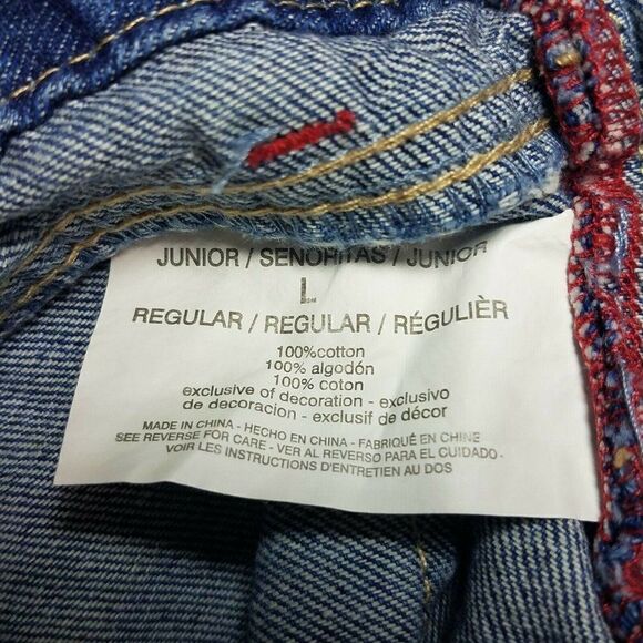 LEI Denim Overall Shorts Size L Patriotic Flag Peace Apple Patch Back To School - Picture 9 of 10